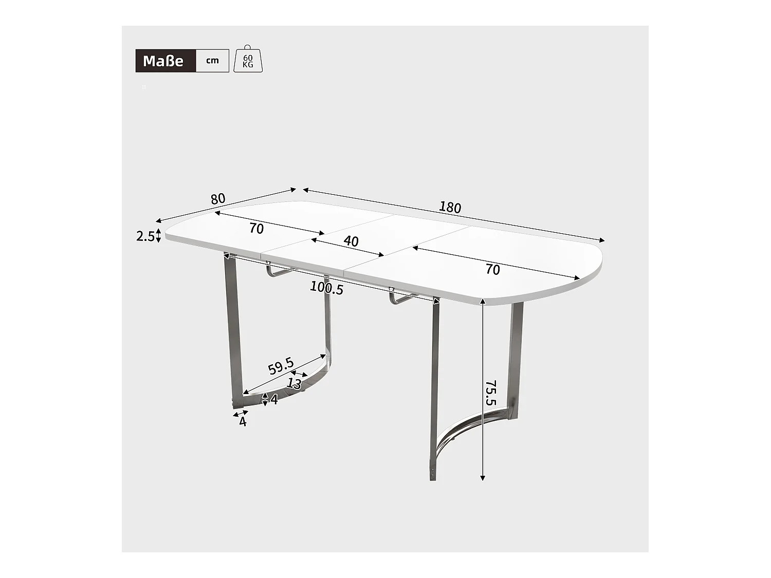 Ausziehbarer Esstisch für 4 bis 6 Personen - 140/180 x 80 x 75,5 cm - MDF-Holz und Metallbeine - Weiß + Silber