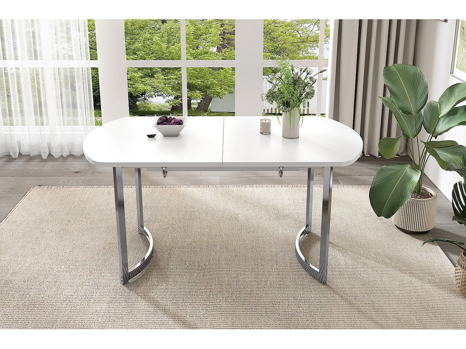 Table à manger extensible 4 à 6 couverts - 140/180 x 80 x 75.5 cm - Bois MDF et pieds en métal - Blanc + argent