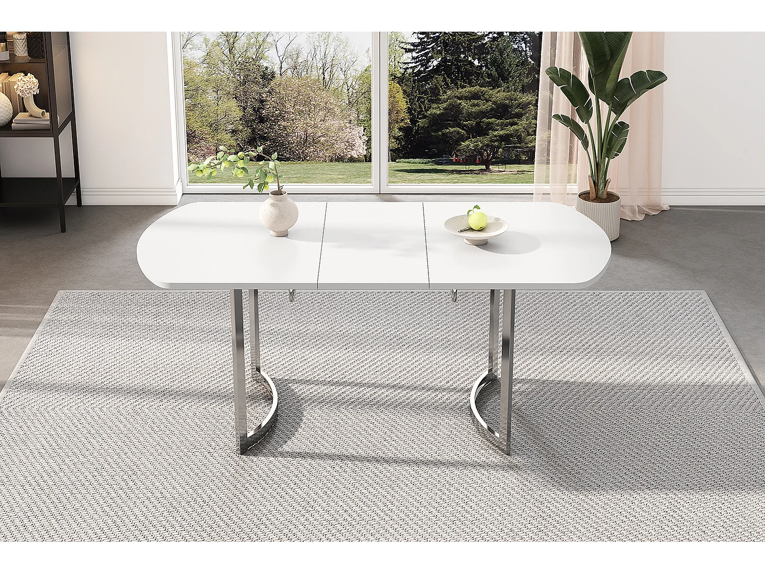 Table à manger extensible 4 à 6 couverts - 140/180 x 80 x 75.5 cm - Bois MDF et pieds en métal - Blanc + argent