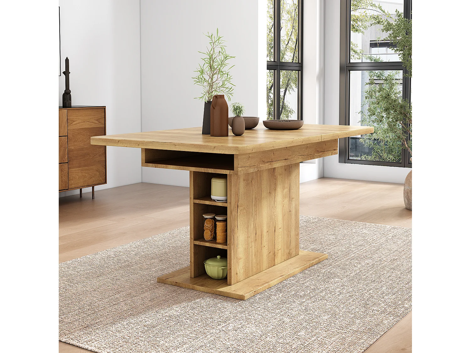 Table à manger extensible 4 à 6 couverts avec étagères de rangement - 110/130 x 70 x 75 cm - Panneaux de particules - Naturel