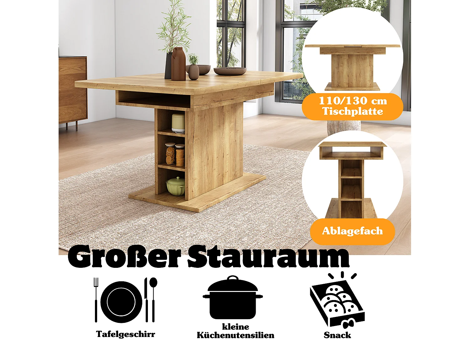 Table à manger extensible 4 à 6 couverts avec étagères de rangement - 110/130 x 70 x 75 cm - Panneaux de particules - Naturel