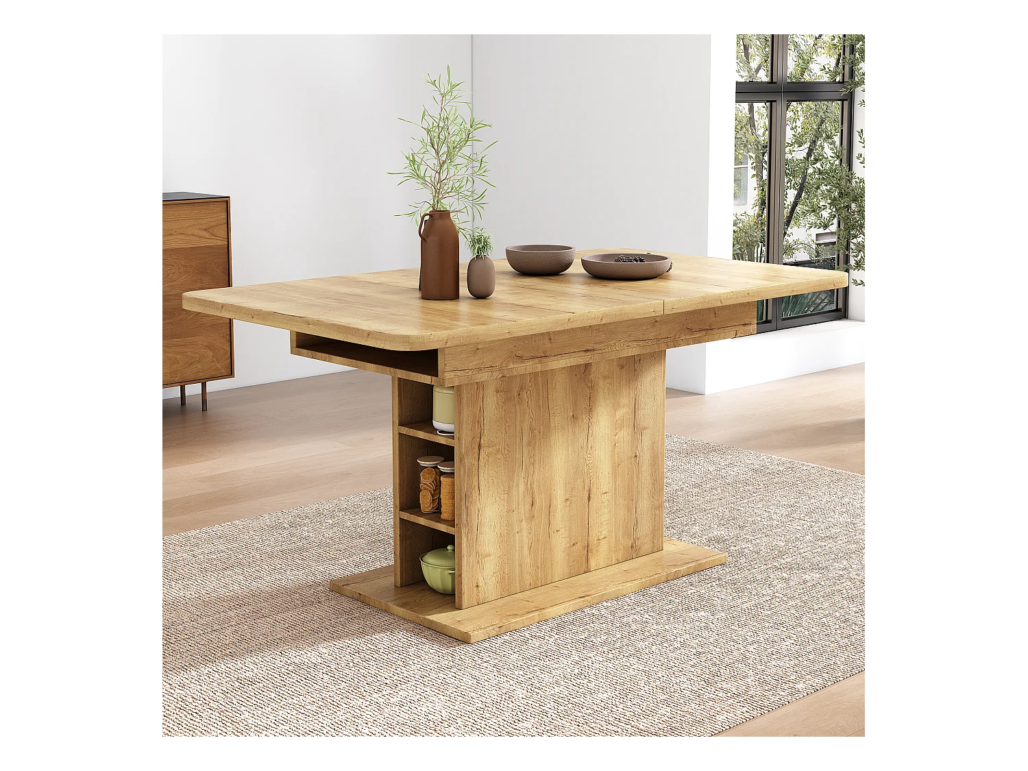 Table à manger extensible 4 à 6 couverts avec étagères de rangement - 110/130 x 70 x 75 cm - Panneaux de particules - Naturel