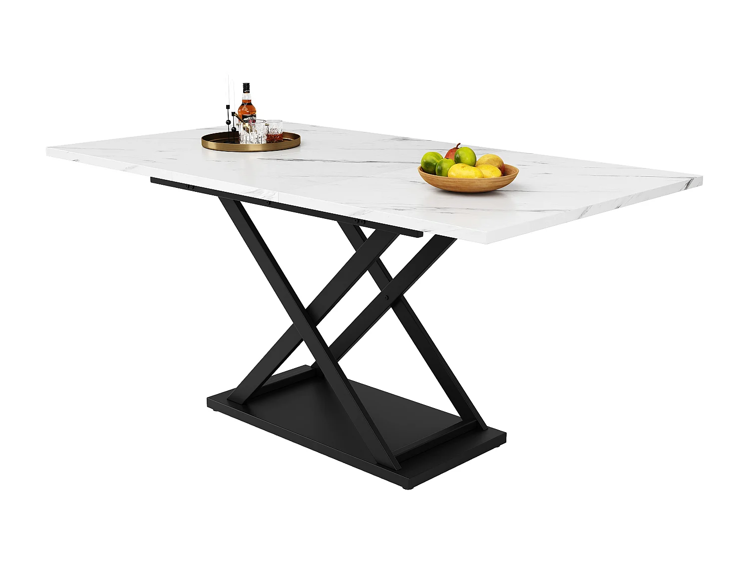 Uitschuifbare eettafel voor 4 tot 6 personen - 120/160 x 80 x 75 cm - MDF en metalen poten - Blad met marmereffect - Kleur wit