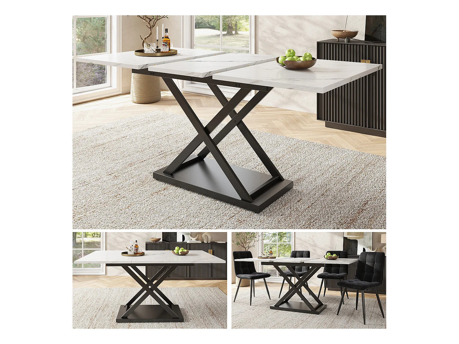 Table à manger extensible 4 à 6 couverts - 120/160 x 80 x 75 cm - MDF et pieds en métal - Plateau en effet marbre - Couleur blanc