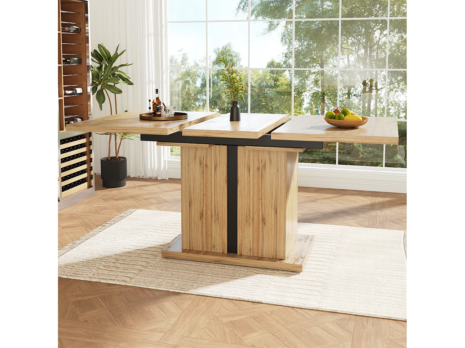 Mesa de jantar extensível para 4 a 6 pessoas - 119/158,5 x 80 x 75 cm - Madeira MDF - para cozinha e sala de estar - Pés em coluna T - Natural