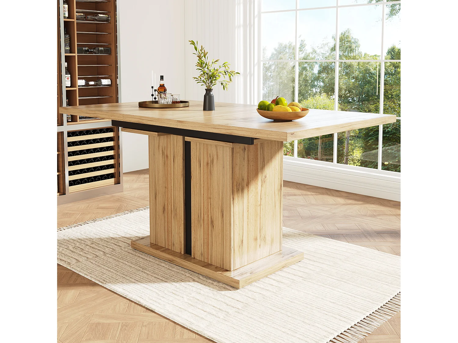 Mesa de jantar extensível para 4 a 6 pessoas - 119/158,5 x 80 x 75 cm - Madeira MDF - para cozinha e sala de estar - Pés em coluna T - Natural