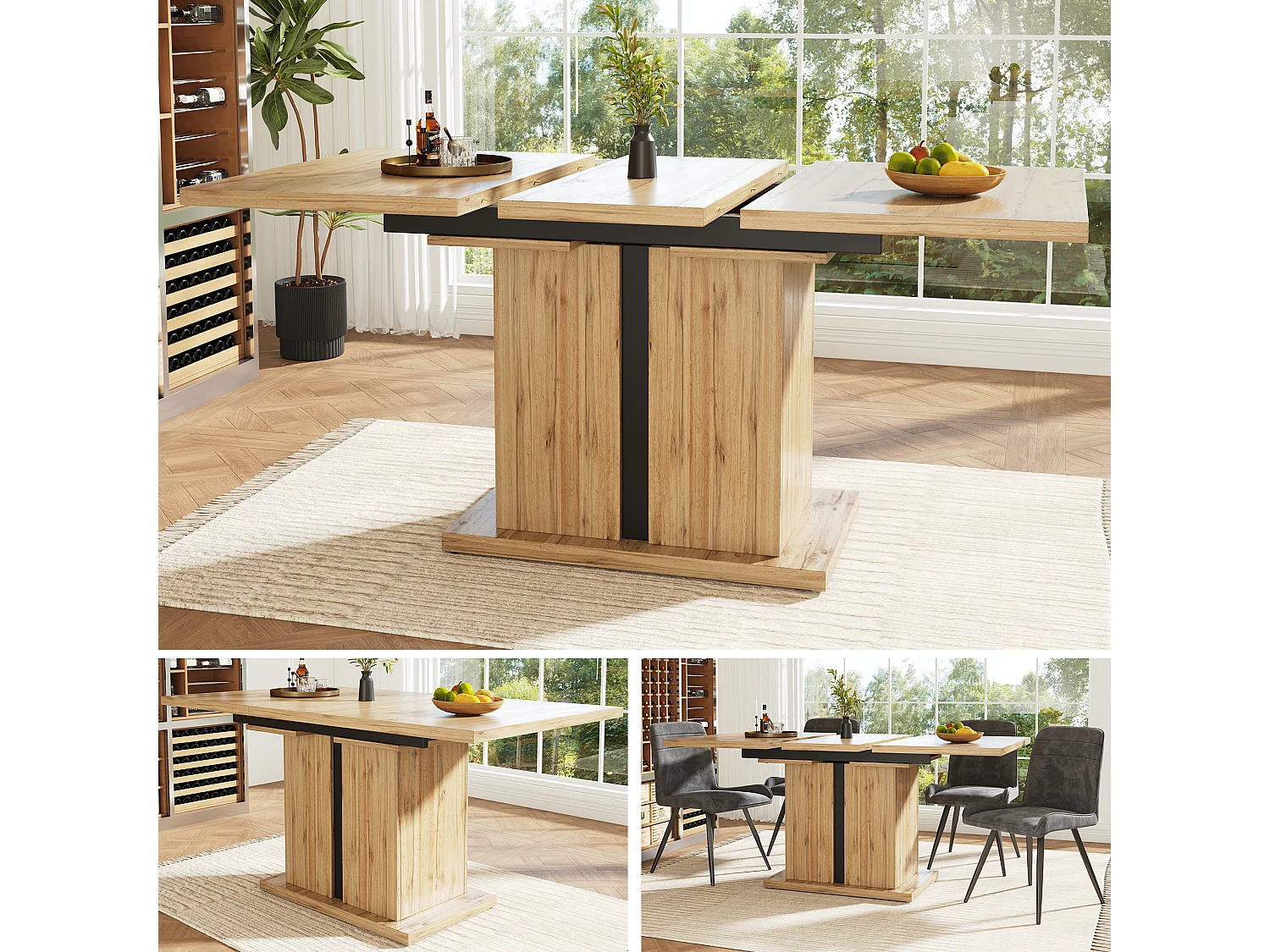 Mesa de jantar extensível para 4 a 6 pessoas - 119/158,5 x 80 x 75 cm - Madeira MDF - para cozinha e sala de estar - Pés em coluna T - Natural
