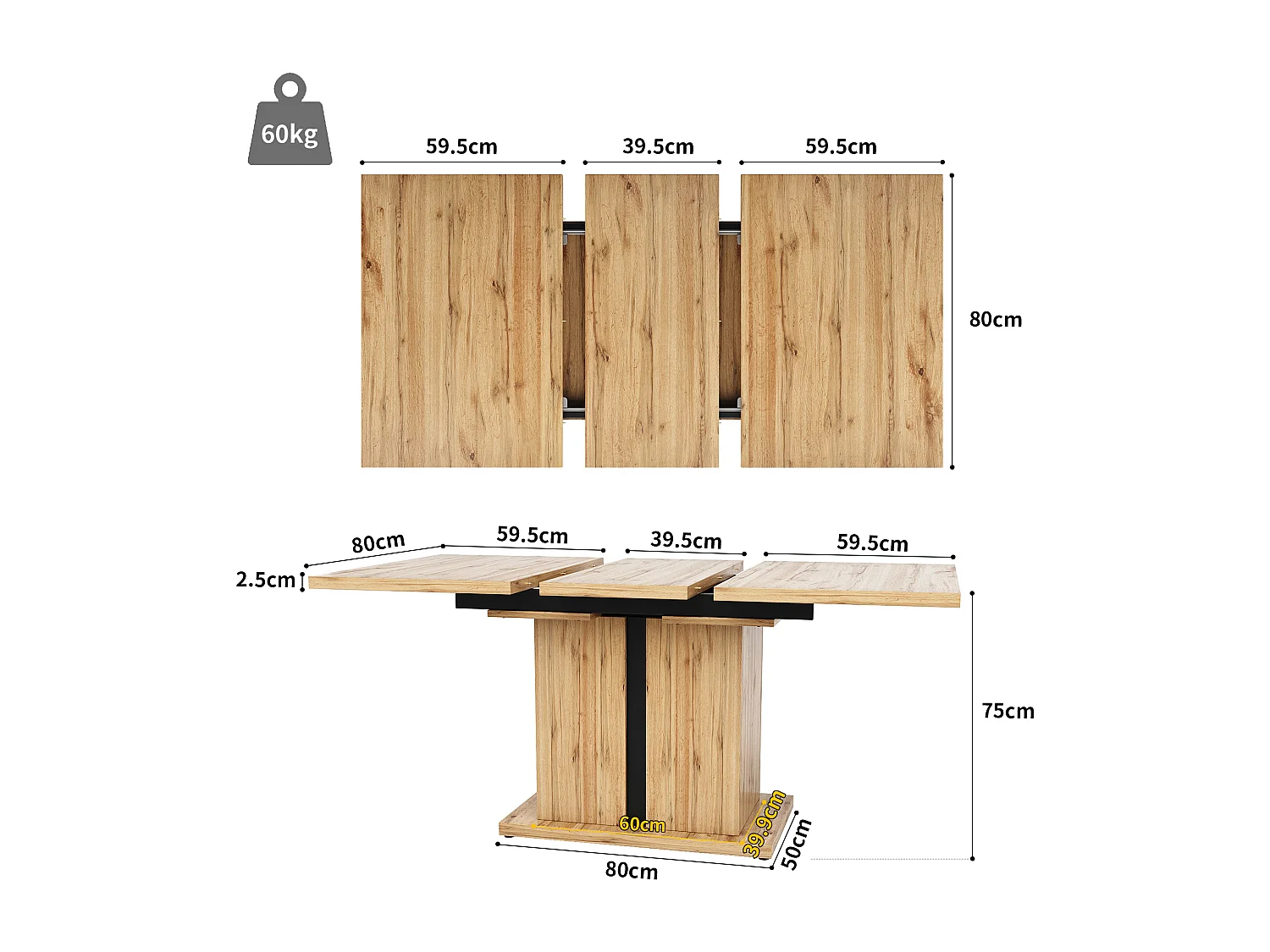Mesa de jantar extensível para 4 a 6 pessoas - 119/158,5 x 80 x 75 cm - Madeira MDF - para cozinha e sala de estar - Pés em coluna T - Natural