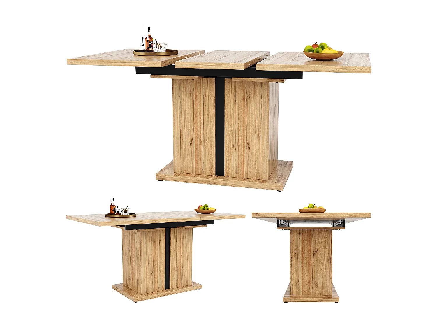 Mesa de jantar extensível para 4 a 6 pessoas - 119/158,5 x 80 x 75 cm - Madeira MDF - para cozinha e sala de estar - Pés em coluna T - Natural