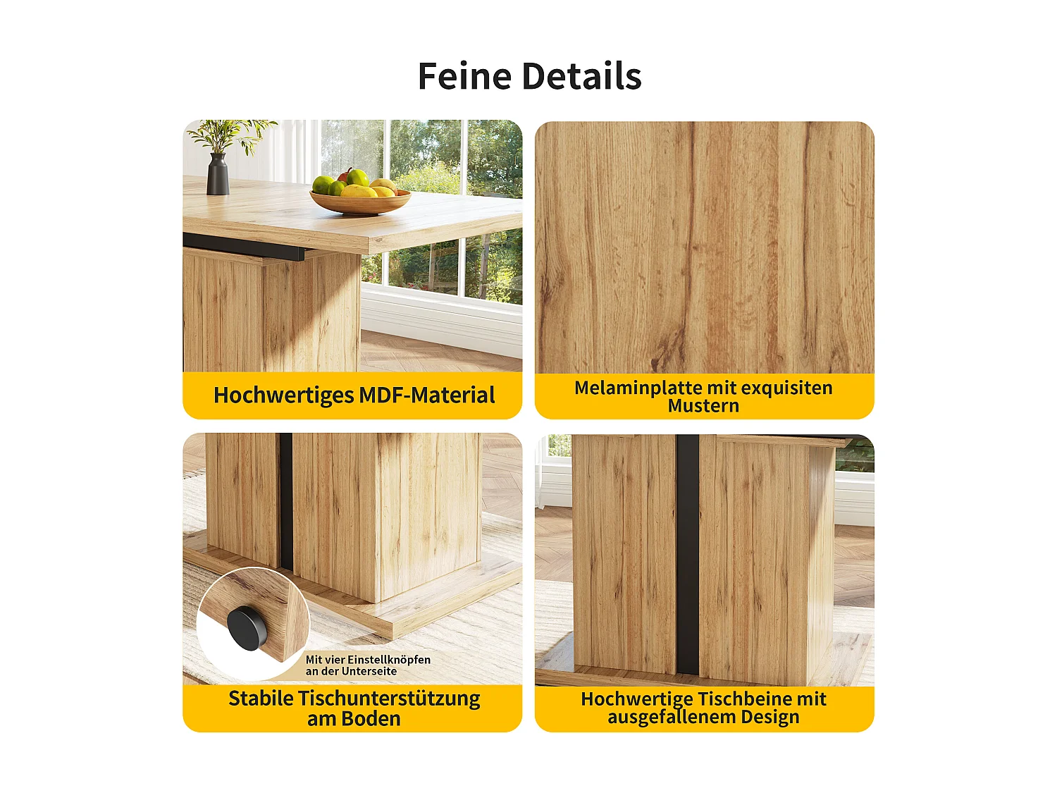 Mesa de jantar extensível para 4 a 6 pessoas - 119/158,5 x 80 x 75 cm - Madeira MDF - para cozinha e sala de estar - Pés em coluna T - Natural