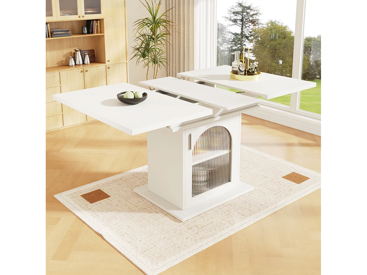 Table à manger extensible 4 à 6 couverts avec 1 porte - 110/140 x 80 x 76 cm - Bois MDF - pour cuisine et salon - Couleur blanc