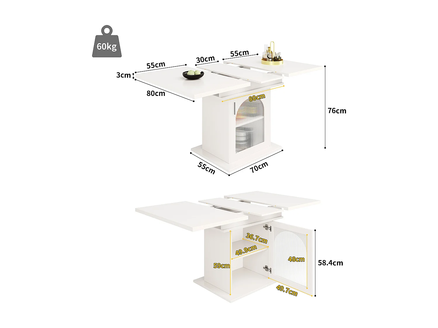 Table à manger extensible 4 à 6 couverts avec 1 porte - 110/140 x 80 x 76 cm - Bois MDF - pour cuisine et salon - Couleur blanc