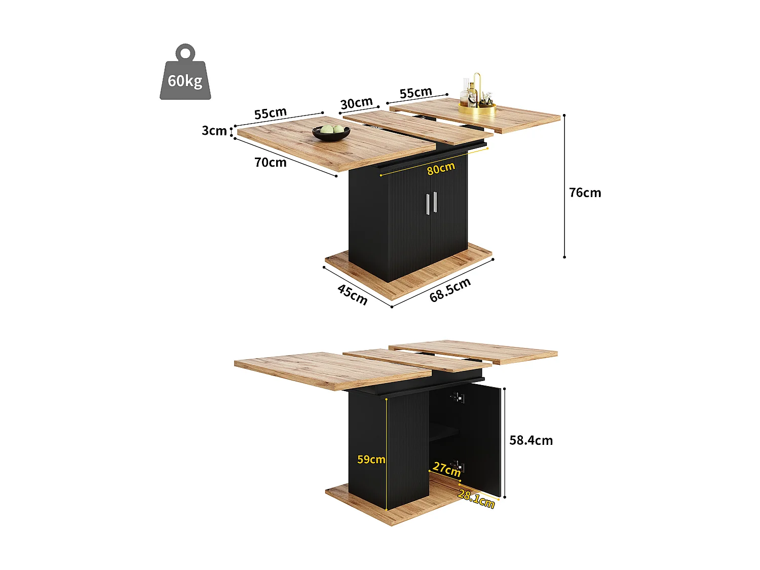 Table à manger estensible 4 à 6 couverts avec 2 portes - 110/140 x 70 x 76 cm - Bois MDF - pour cuisine et salon - Naturel