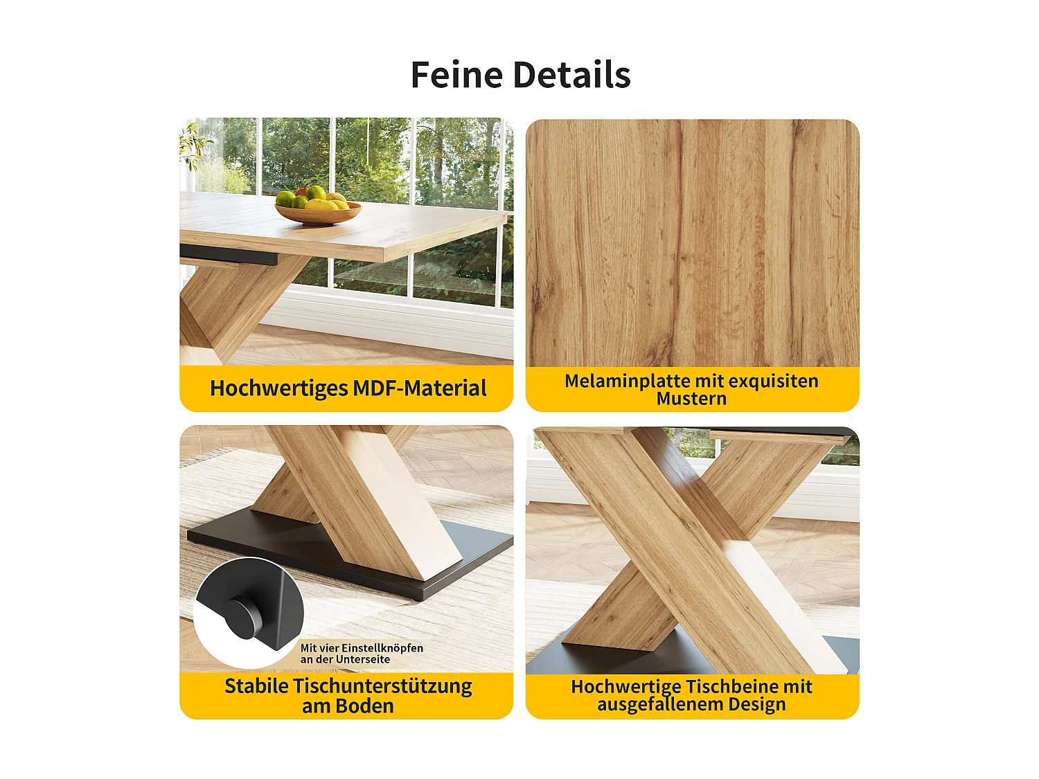 Table à manger estensible 4 à 6 couverts - 119/158.5 x 80 x 75 cm - Bois MDF - pour cuisine et salon - Pièds croissés - Naturel