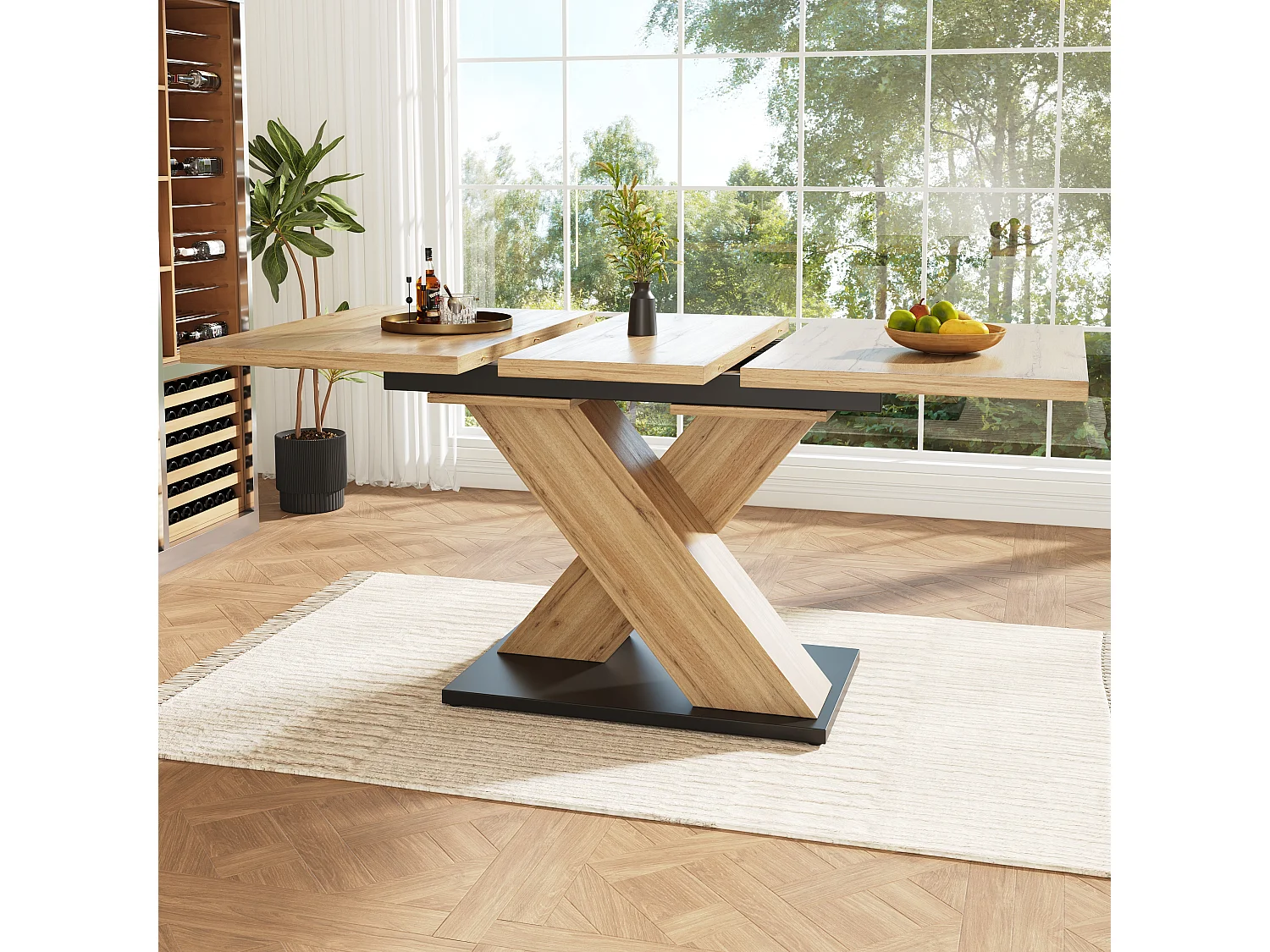 Table à manger estensible 4 à 6 couverts - 119/158.5 x 80 x 75 cm - Bois MDF - pour cuisine et salon - Pièds croissés - Naturel