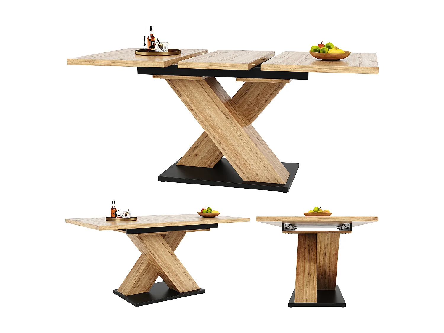 Table à manger estensible 4 à 6 couverts - 119/158.5 x 80 x 75 cm - Bois MDF - pour cuisine et salon - Pièds croissés - Naturel
