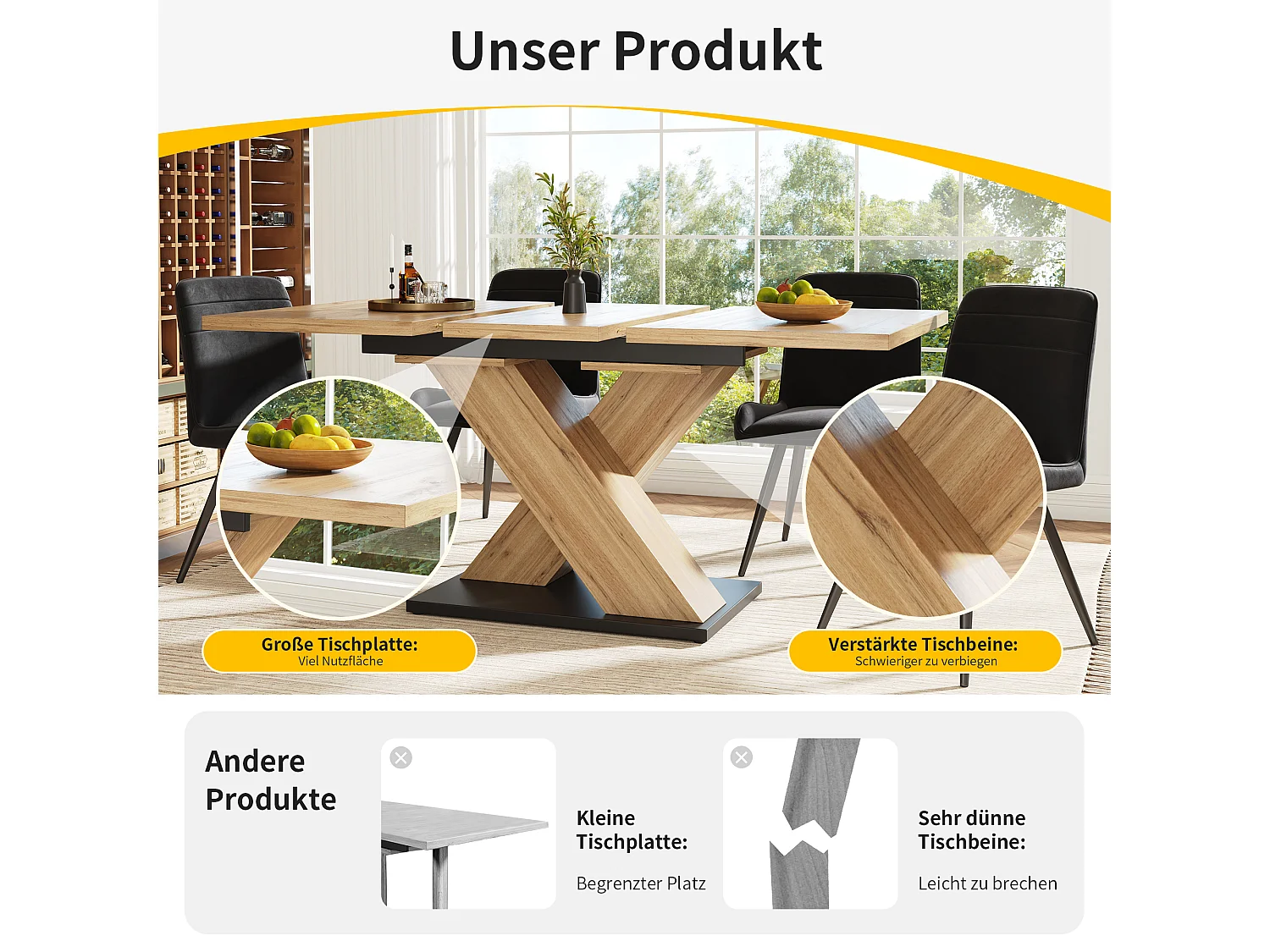 Table à manger estensible 4 à 6 couverts - 119/158.5 x 80 x 75 cm - Bois MDF - pour cuisine et salon - Pièds croissés - Naturel