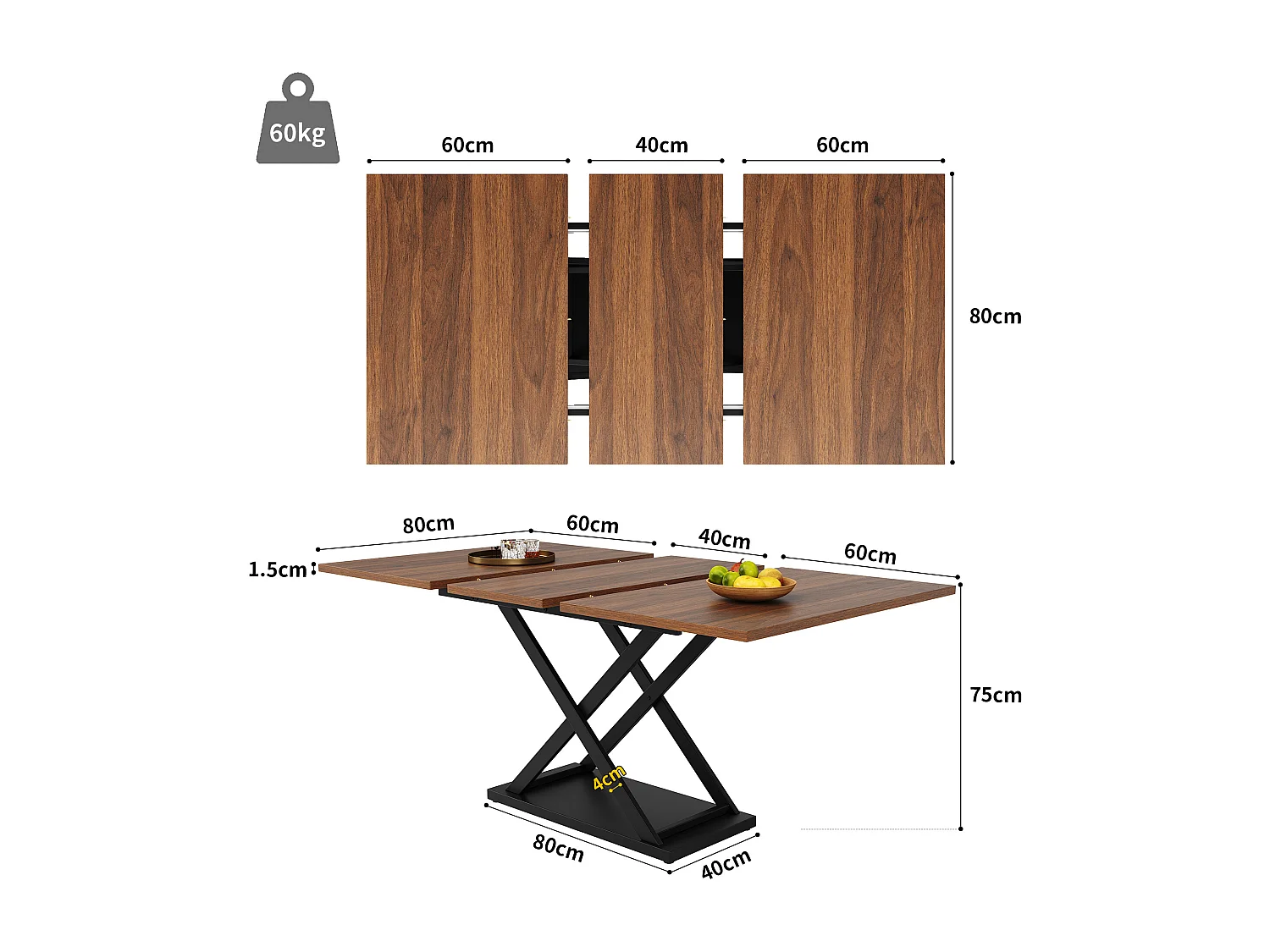 Table à manger extensible 4 à 6 couverts - 120/160 x 80 x 75 cm - MDF et pieds en métal - Couleur noyer