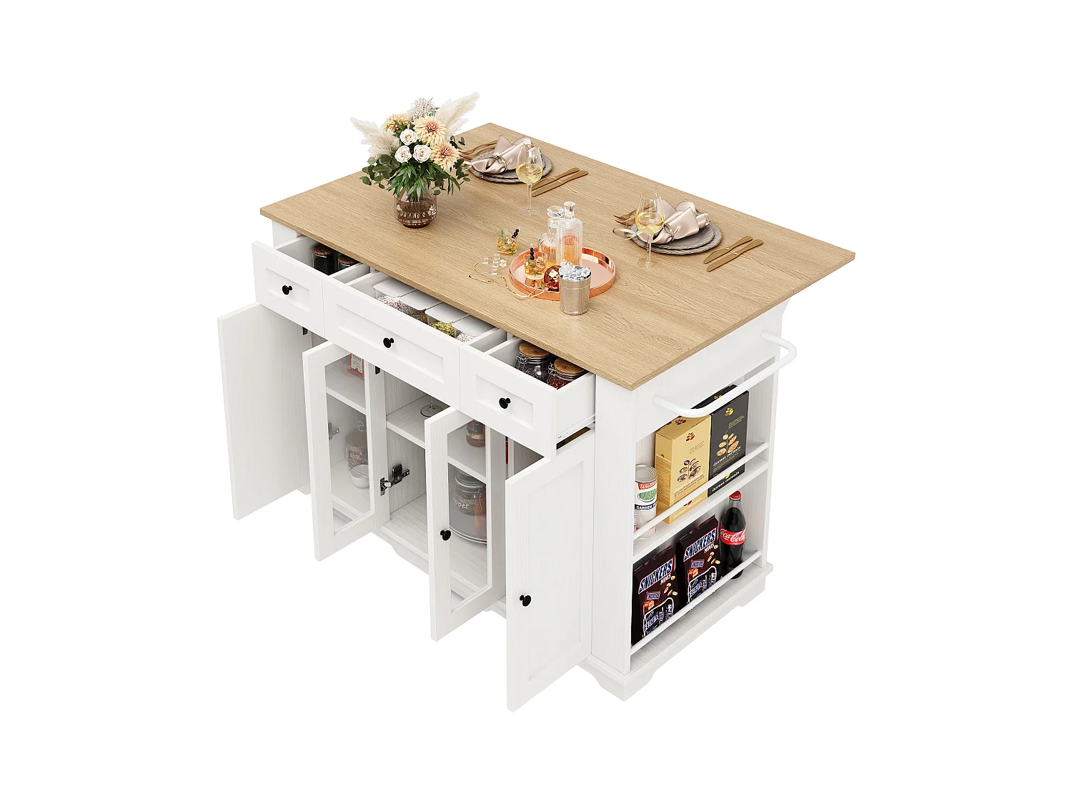 Isla de cocina móvil con 4 puertas, 3 cajones y estantes laterales - Tablero extensible - 151,5x60(85)x91,7 cm - MDF + cristal - Blanco