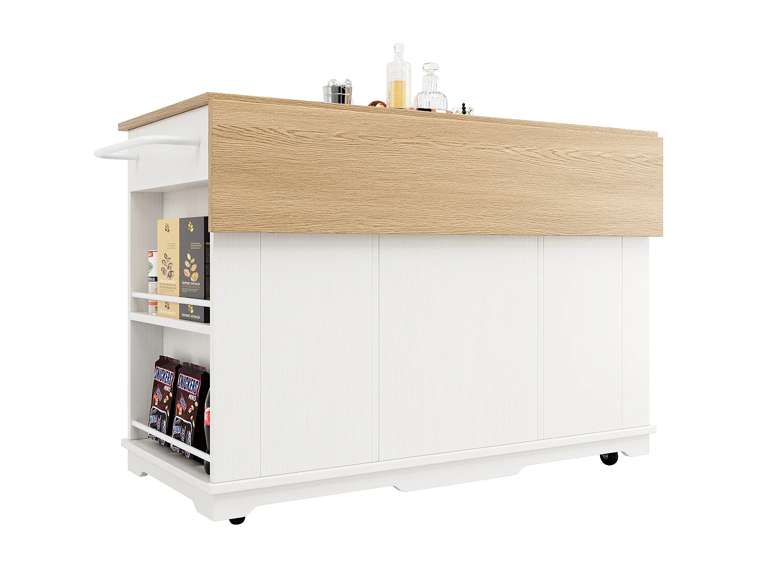 Isla de cocina móvil con 4 puertas, 3 cajones y estantes laterales - Tablero extensible - 151,5x60(85)x91,7 cm - MDF + cristal - Blanco