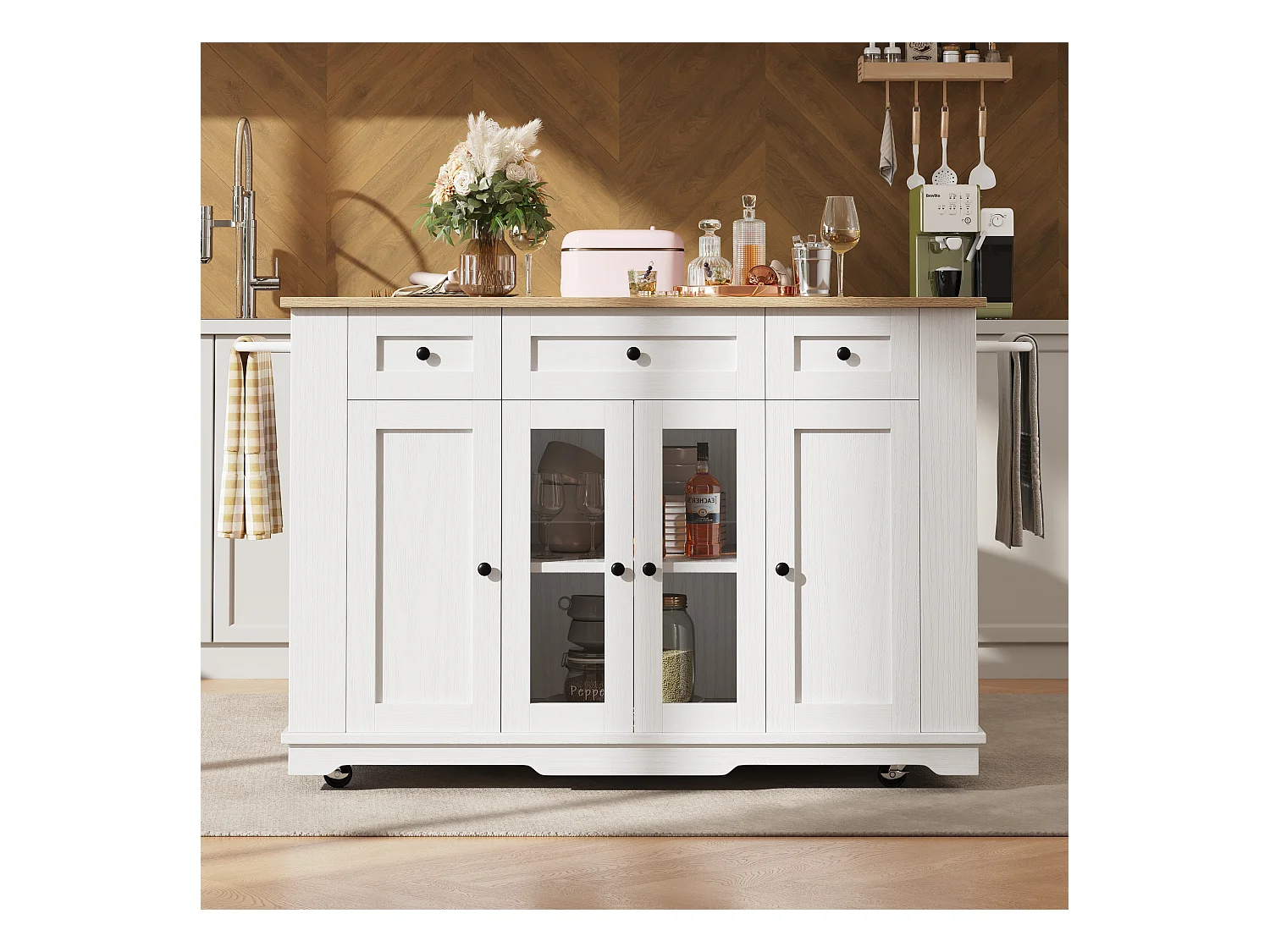 Ilot central de cuisine mobile avec 4 portes, 3 tiroirs et étagères latérales - Plateau extensible - 151.5x60(85)x91.7 cm - MDF + verre - Blanc