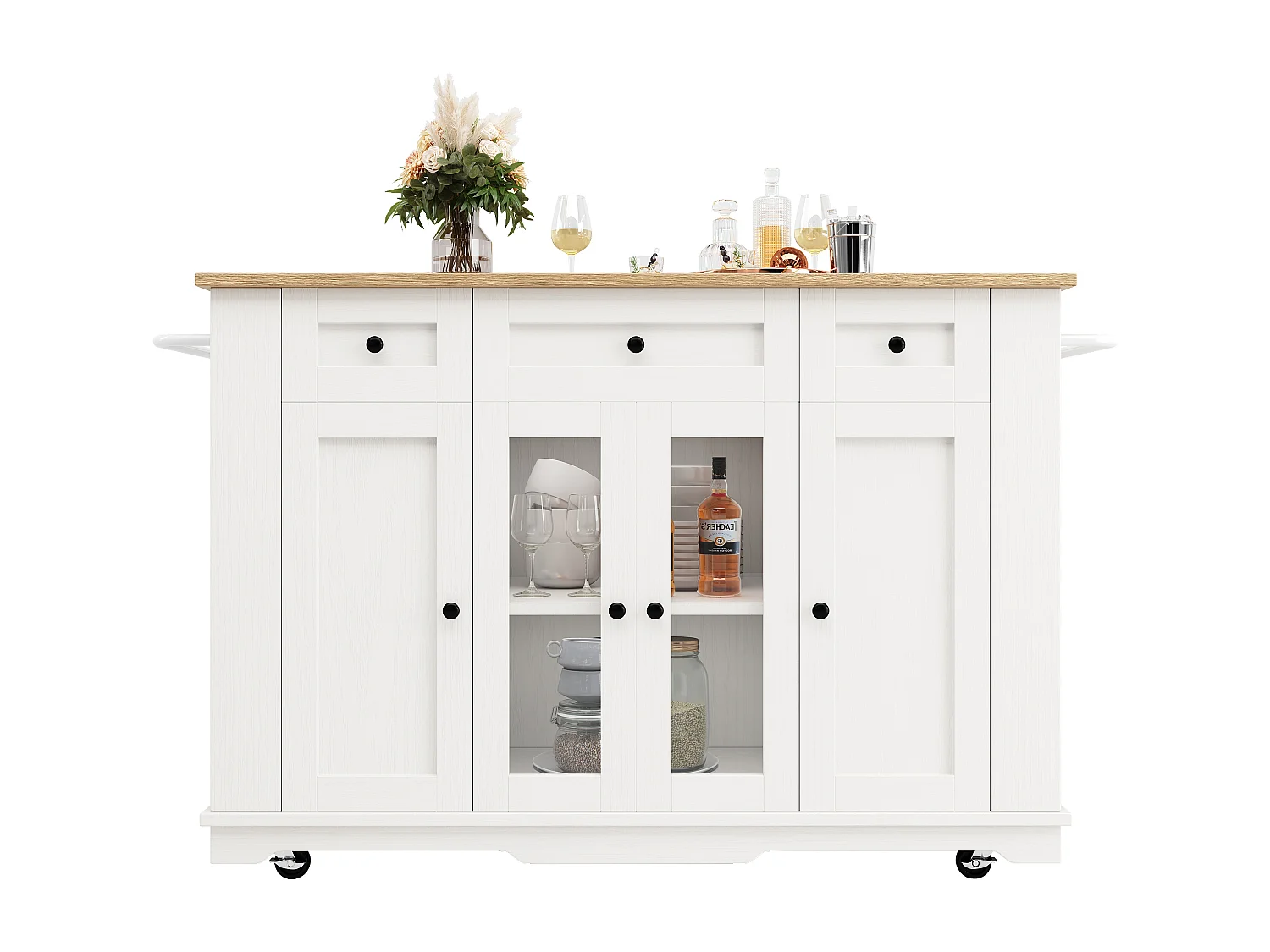 Mobilna wyspa kuchenna z 4 drzwiami, 3 szufladami i półkami bocznymi - Rozkładany blat - 151,5x60(85)x91,7 cm - MDF + szkło - Biały