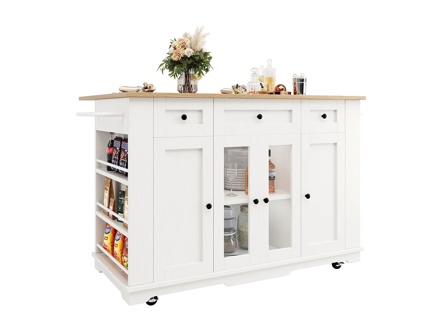 Mobilna wyspa kuchenna z 4 drzwiami, 3 szufladami i półkami bocznymi - Rozkładany blat - 151,5x60(85)x91,7 cm - MDF + szkło - Biały