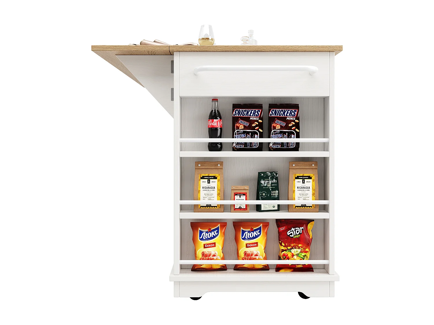 Isola cucina mobile con 4 ante, 3 cassetti e ripiani laterali - Piano estensibile - 151,5x60(85)x91,7 cm - MDF + vetro - Bianco