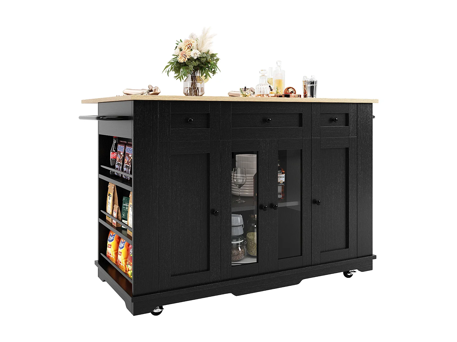 Mobilna wyspa kuchenna z 4 drzwiami, 3 szufladami i półkami bocznymi - Rozkładany blat - 151,5x60(85)x91,7 cm - MDF + szkło - Czarny