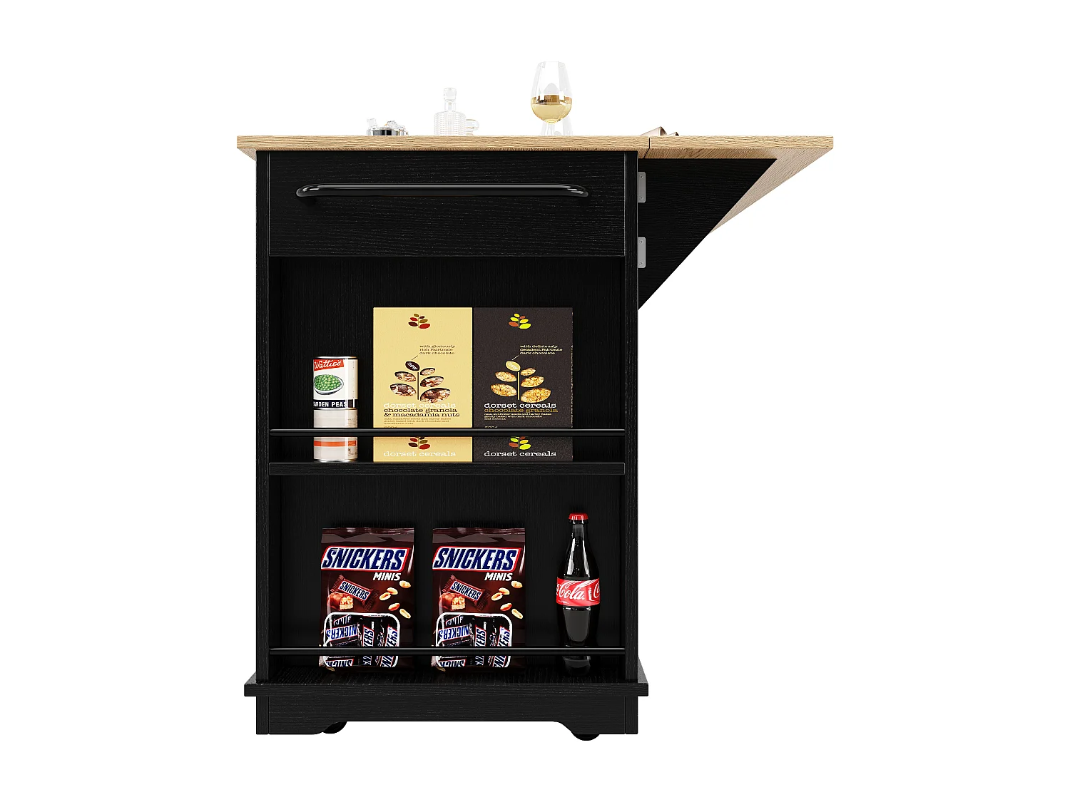 Mobilna wyspa kuchenna z 4 drzwiami, 3 szufladami i półkami bocznymi - Rozkładany blat - 151,5x60(85)x91,7 cm - MDF + szkło - Czarny