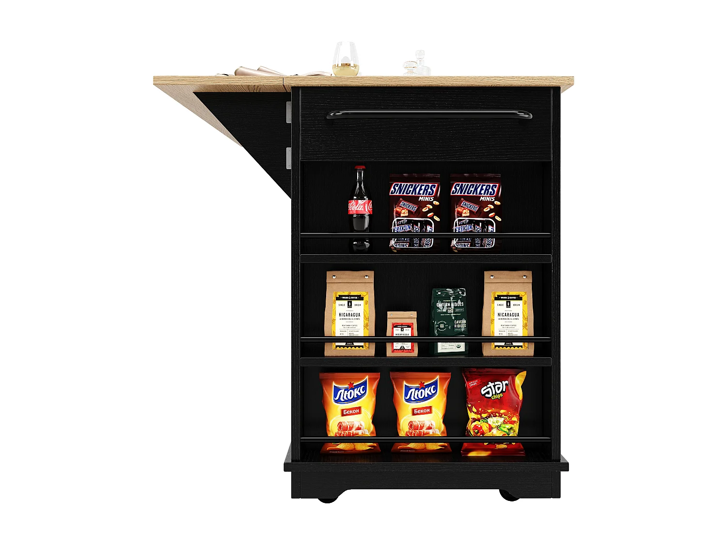 Mobilna wyspa kuchenna z 4 drzwiami, 3 szufladami i półkami bocznymi - Rozkładany blat - 151,5x60(85)x91,7 cm - MDF + szkło - Czarny