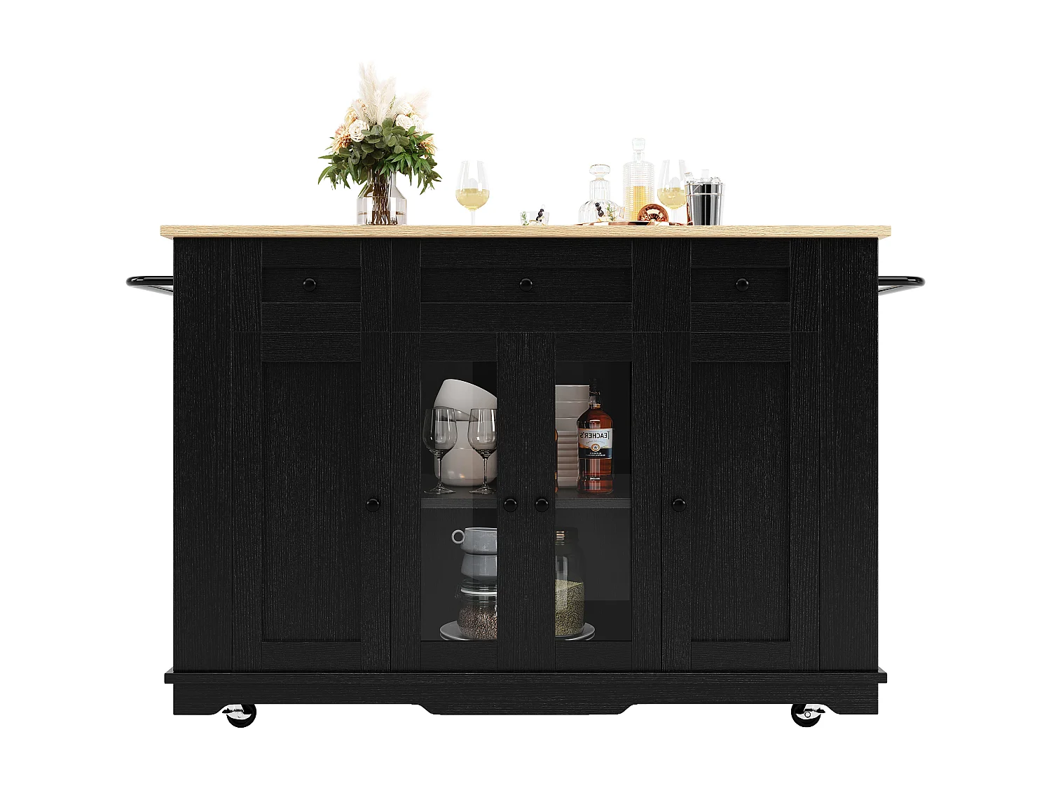 Isola cucina mobile con 4 ante, 3 cassetti e ripiani laterali - Piano estensibile - 151,5x60(85)x91,7 cm - MDF + vetro - Nero