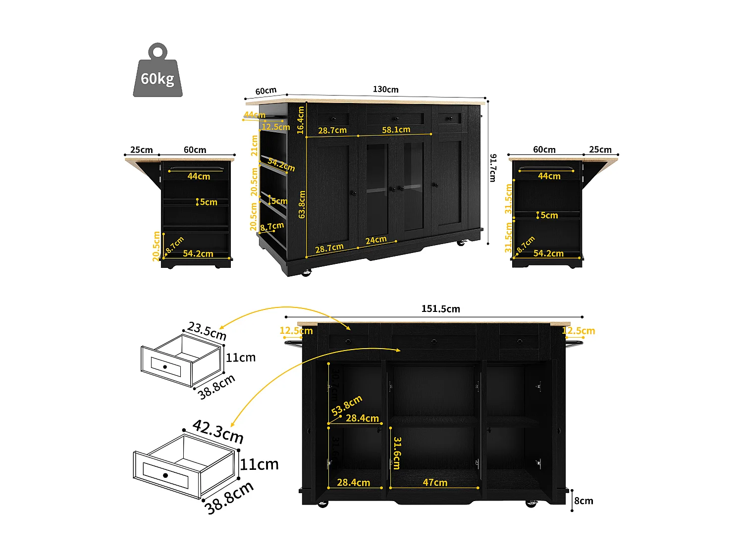 Isola cucina mobile con 4 ante, 3 cassetti e ripiani laterali - Piano estensibile - 151,5x60(85)x91,7 cm - MDF + vetro - Nero