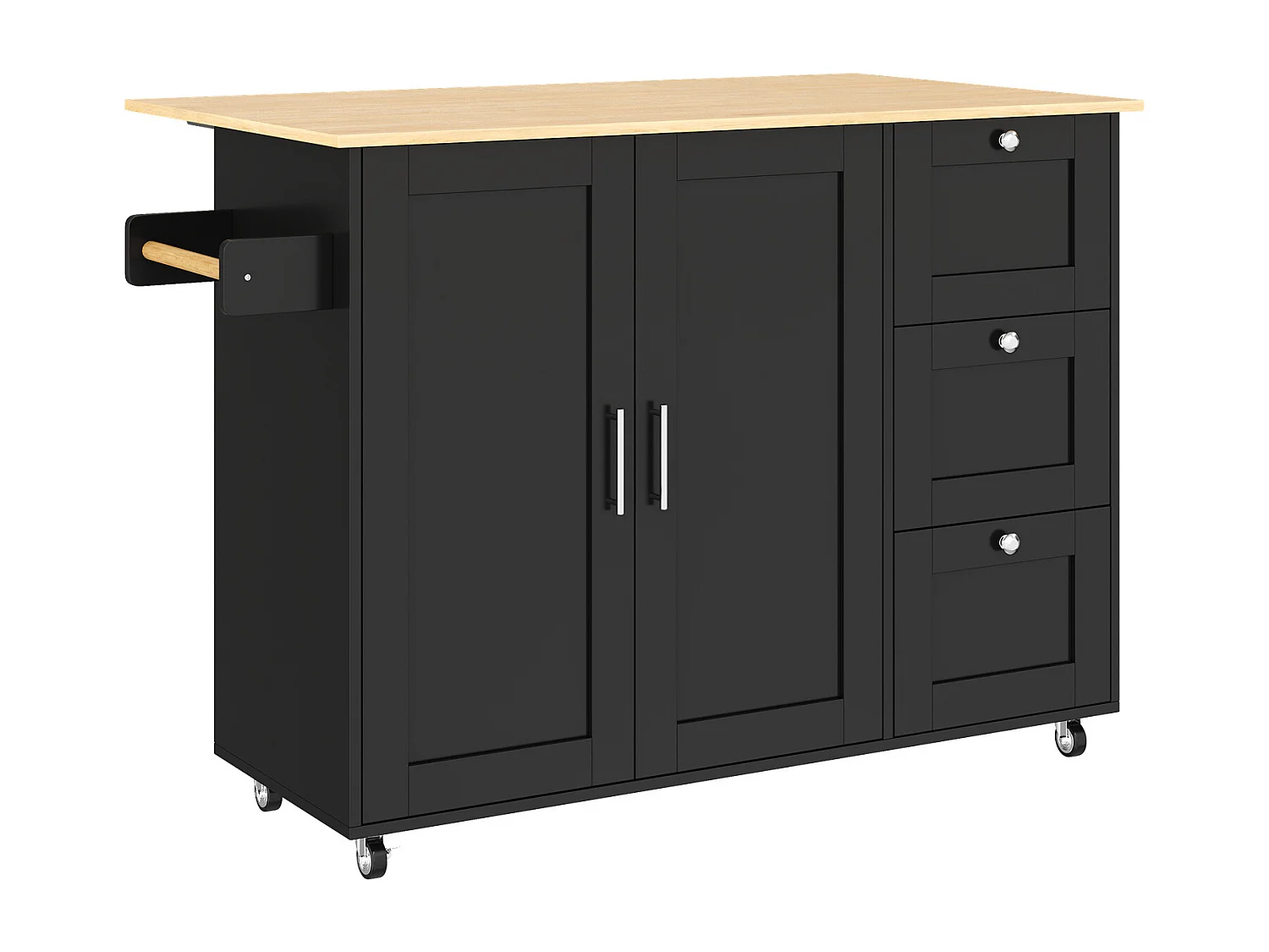 Ilot central de cuisine mobile avec 2 portes et 3 tiroirs - Plateau extensible - 135x44(70)x90 cm - Bois MDF - Noir et naturel
