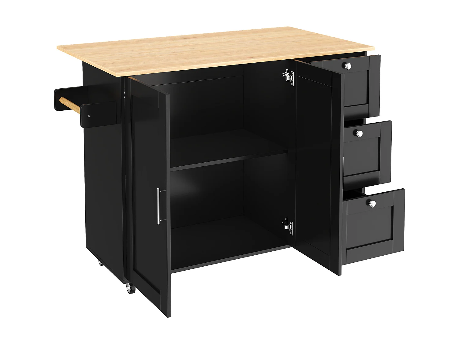 Ilot central de cuisine mobile avec 2 portes et 3 tiroirs - Plateau extensible - 135x44(70)x90 cm - Bois MDF - Noir et naturel