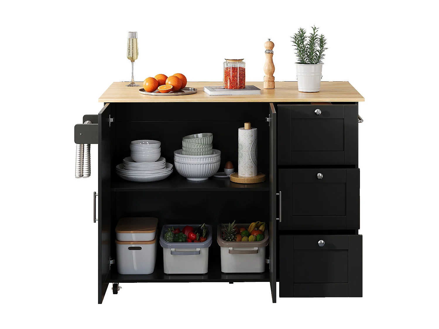 Ilot central de cuisine mobile avec 2 portes et 3 tiroirs - Plateau extensible - 135x44(70)x90 cm - Bois MDF - Noir et naturel