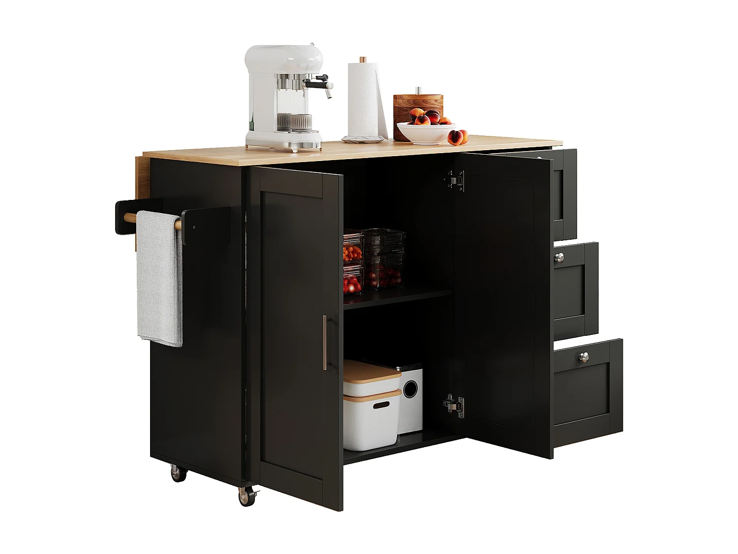 Ilot central de cuisine mobile avec 2 portes et 3 tiroirs - Plateau extensible - 135x44(70)x90 cm - Bois MDF - Noir et naturel