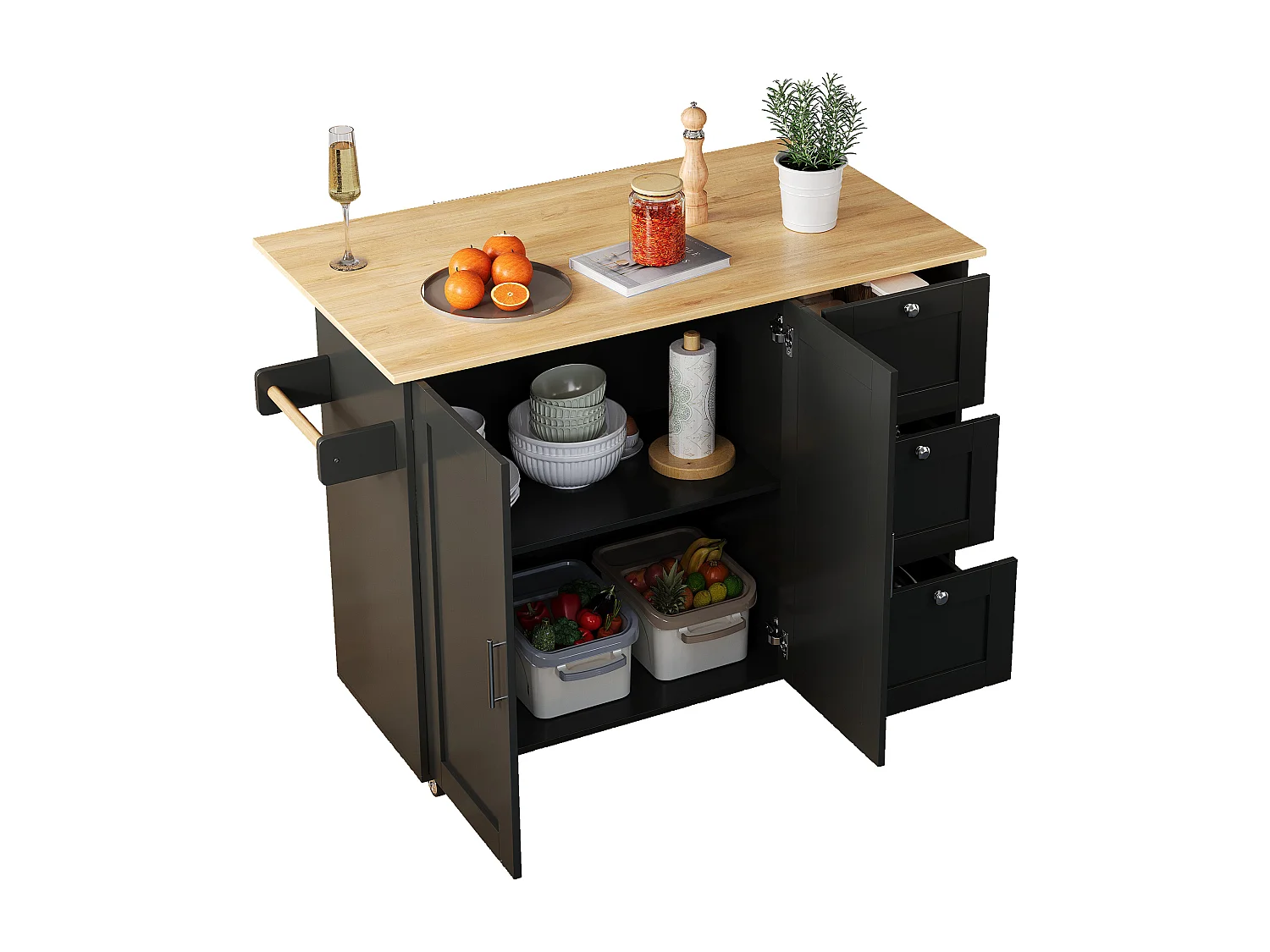 Ilot central de cuisine mobile avec 2 portes et 3 tiroirs - Plateau extensible - 135x44(70)x90 cm - Bois MDF - Noir et naturel