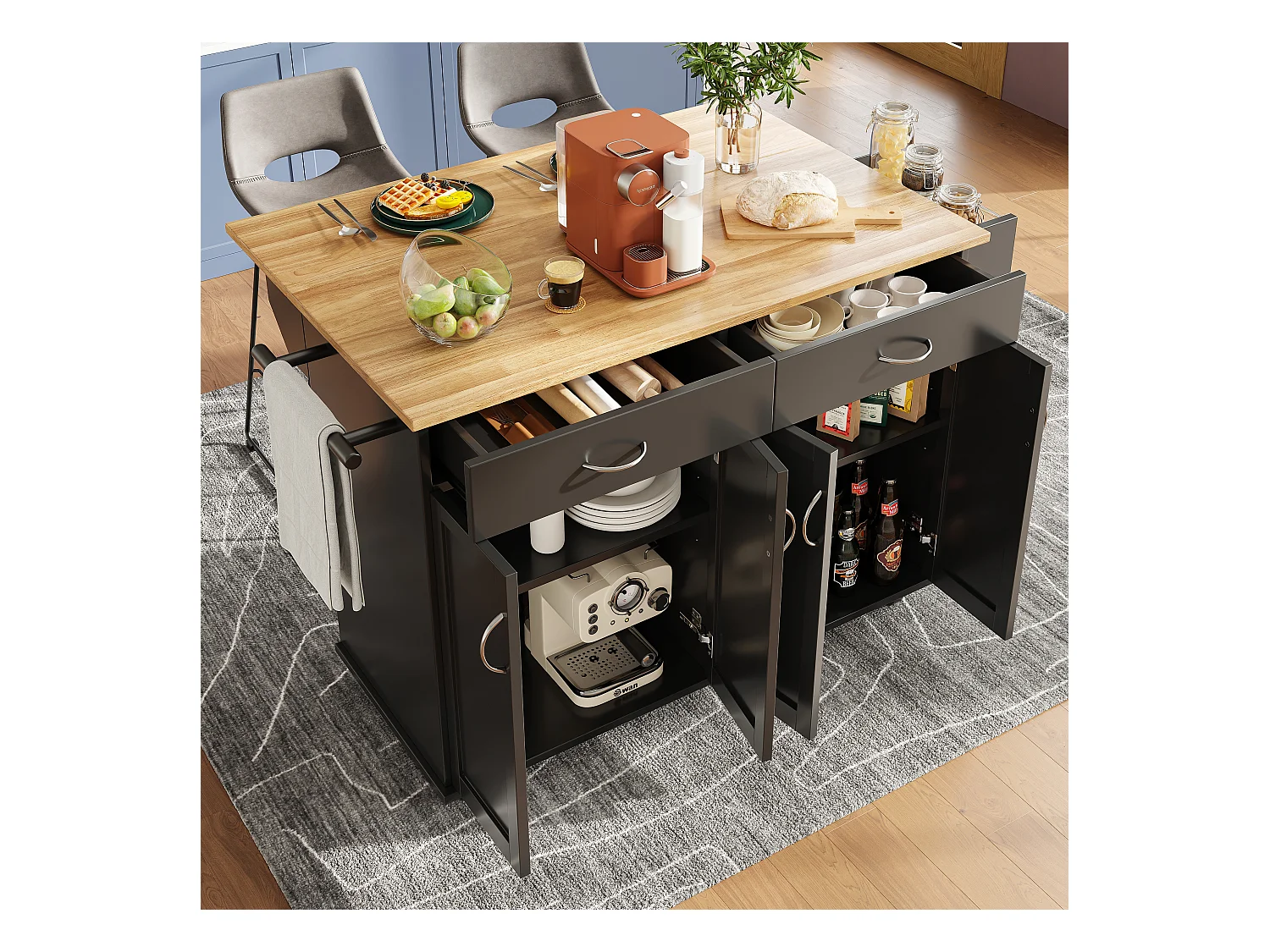 Mobile Kücheninsel mit 4 Türen und 2 Schubladen - Ausziehbare Platte - 106x50(78)x90,5cm - MDF-Holz - Schwarz und Natur