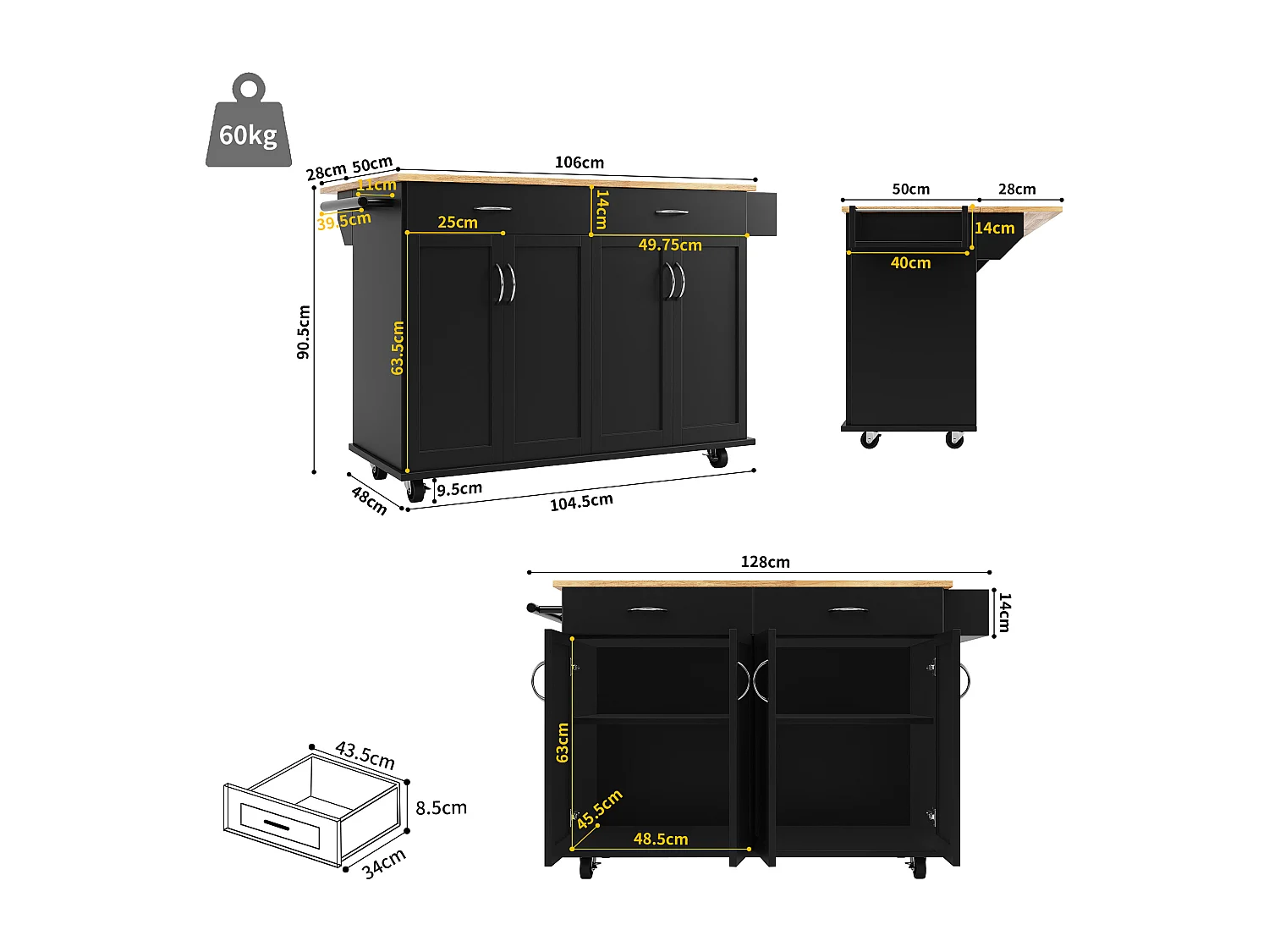 Isla de cocina móvil con 4 puertas y 2 cajones - Tablero extensible - 106x50(78)x90,5cm - Madera MDF - Negro y natural