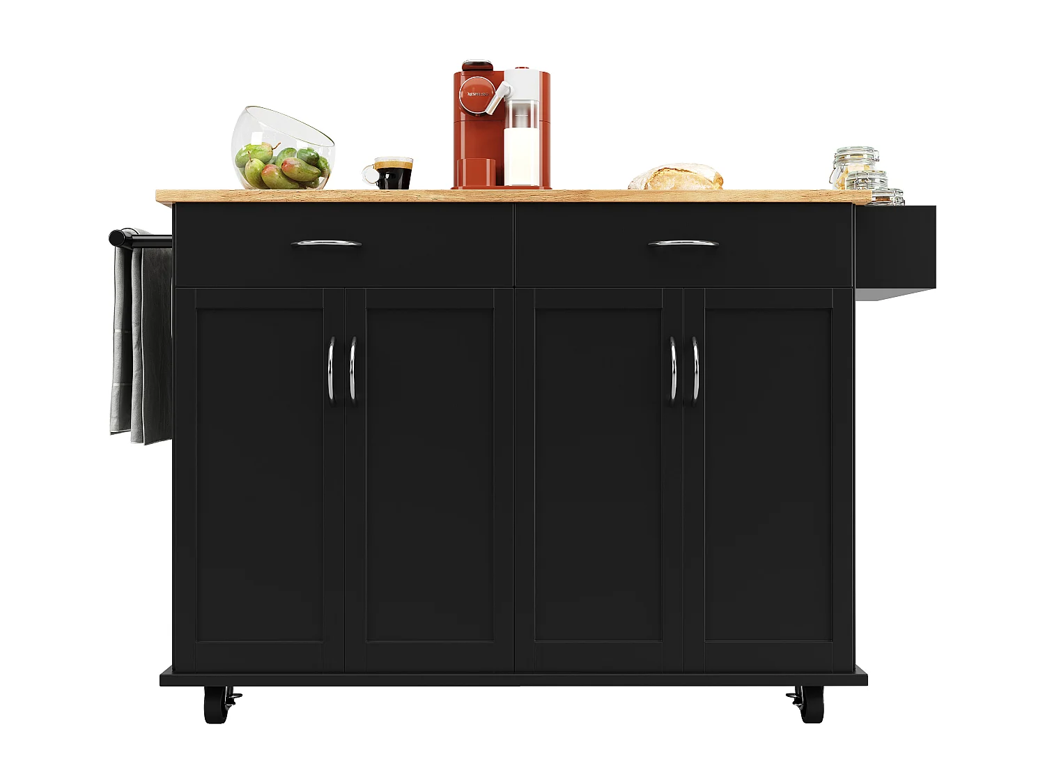 Isla de cocina móvil con 4 puertas y 2 cajones - Tablero extensible - 106x50(78)x90,5cm - Madera MDF - Negro y natural