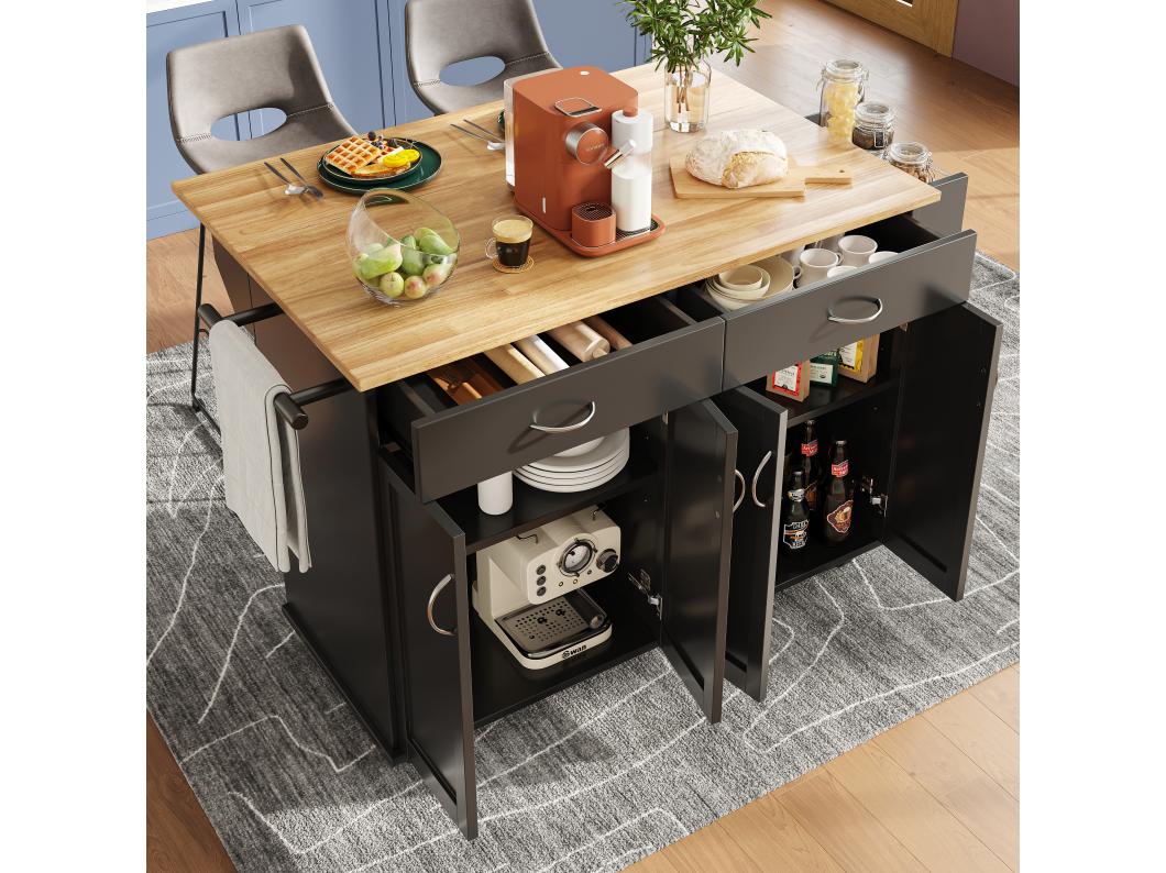 Mobiel kookeiland met 4 deuren en 2 laden - Uitschuifbaar blad - 106x50(78)x90,5cm - MDF hout - Zwart en naturel