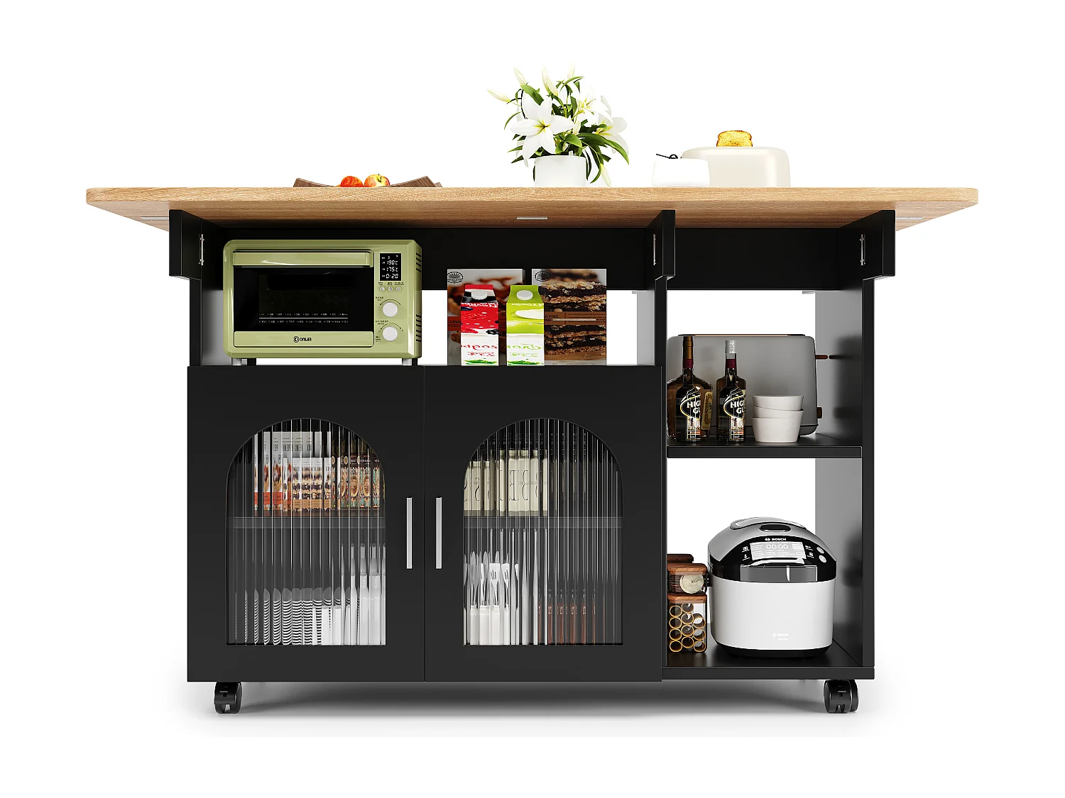 Isla de cocina móvil con 2 puertas y estantes abiertos - Tablero extensible - 120x30(70)x79,5cm - Madera MDF - Negro y natural