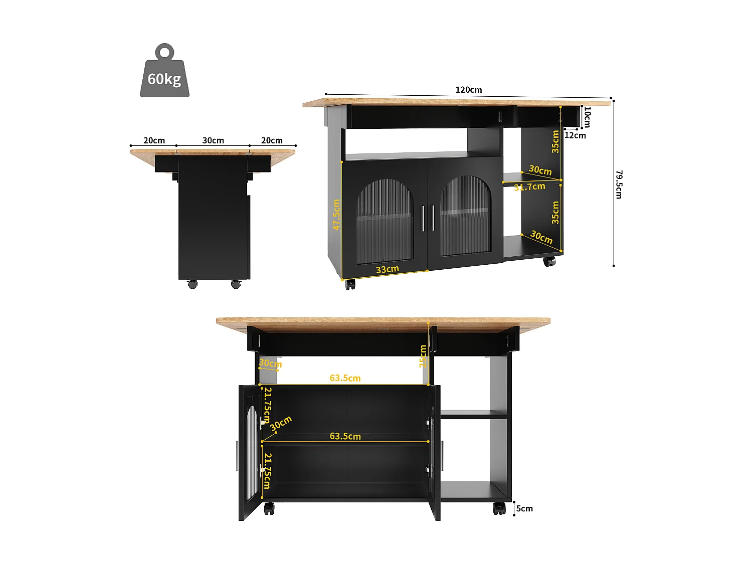Isla de cocina móvil con 2 puertas y estantes abiertos - Tablero extensible - 120x30(70)x79,5cm - Madera MDF - Negro y natural