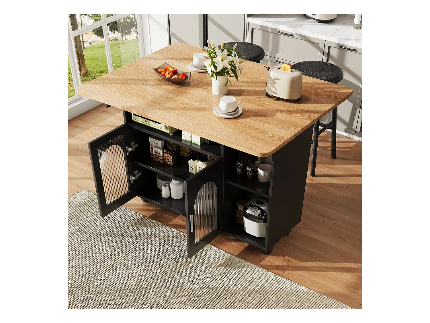 Mobile Kücheninsel mit 2 Türen und offenen Regalen - Ausziehbare Platte - 120x30(70)x79,5cm - MDF-Holz - Schwarz und Natur