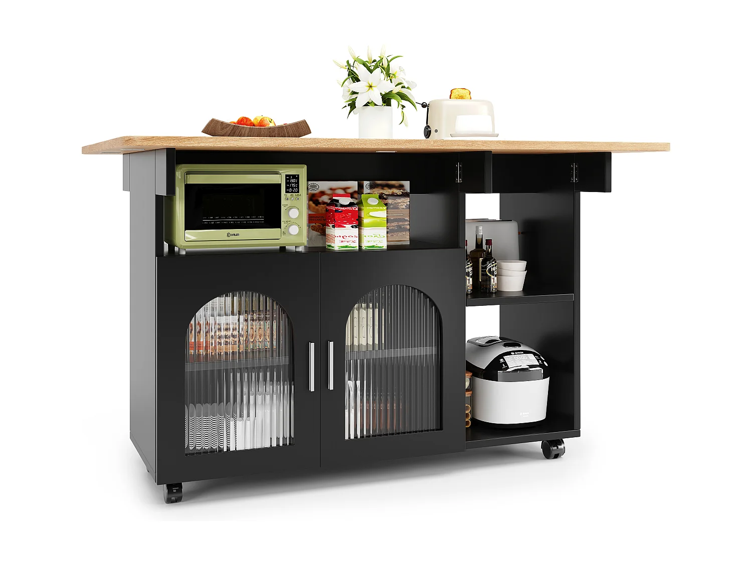 Isola cucina mobile con 2 ante e ripiani aperti - Piano estensibile - 120x30(70)x79,5cm - Legno MDF - Nero e naturale