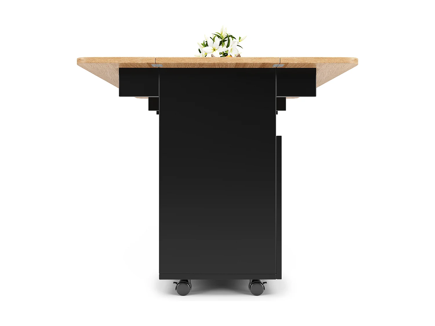 Isola cucina mobile con 2 ante e ripiani aperti - Piano estensibile - 120x30(70)x79,5cm - Legno MDF - Nero e naturale