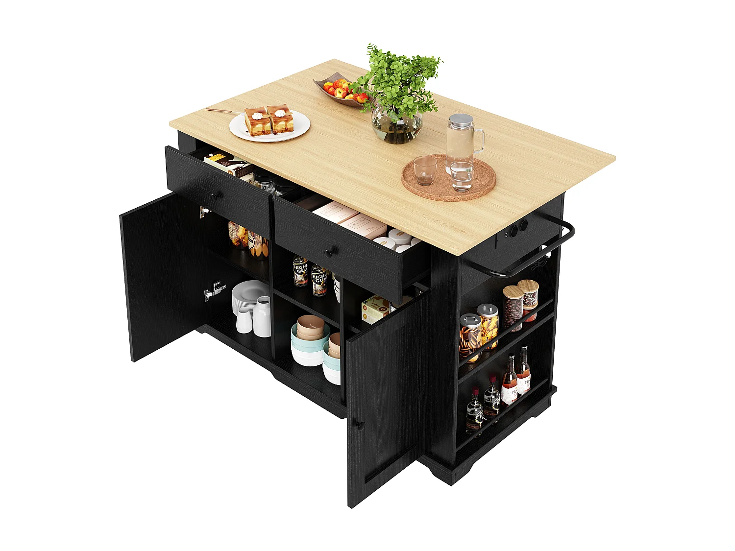 Ilot central de cuisine mobile avec 2 portes, 2 tiroirs et étagères latérales - Plateau extensible - 151.5x59.7(84.7)x91.7cm - MDF - Noir