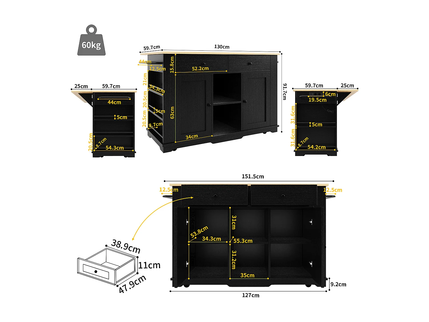 Ilot central de cuisine mobile avec 2 portes, 2 tiroirs et étagères latérales - Plateau extensible - 151.5x59.7(84.7)x91.7cm - MDF - Noir