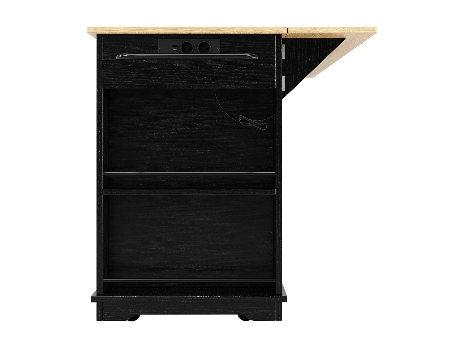 Ilot central de cuisine mobile avec 2 portes, 2 tiroirs et étagères latérales - Plateau extensible - 151.5x59.7(84.7)x91.7cm - MDF - Noir
